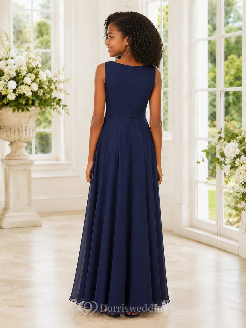 Dark Navy Junior Bridesmaid Dress A-Line Bateau Sleeveless view 2