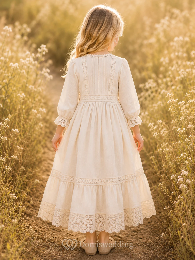 Vestido de niña de las flores, color marfil, encaje, tul, corte en A, manga larga, escote redondo, largo midi, detalle de volantes. view 2