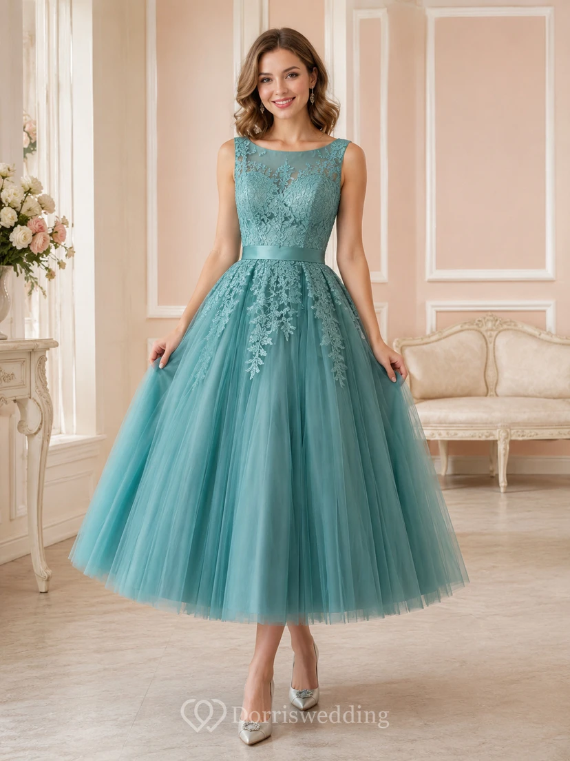 Vestido de recepción romántico de tul sin mangas con escote barco y largo hasta la rodilla, estilo pavo real, corte A.