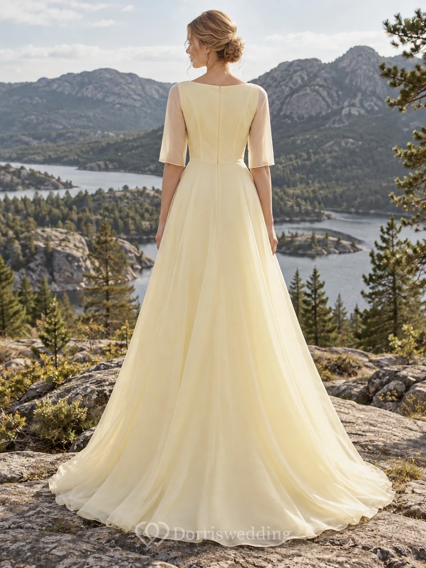 Schlichtes, buttergelbes Organza-Brautkleid mit U-Boot-Ausschnitt, halben Ärmeln und A-Linien-Rock view 2