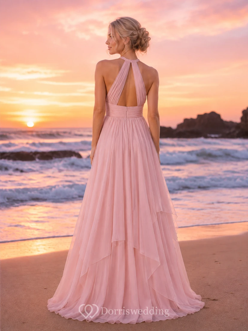 Blush Halter Keyhole Tiered Chiffon Beach Bridal Dress view 2