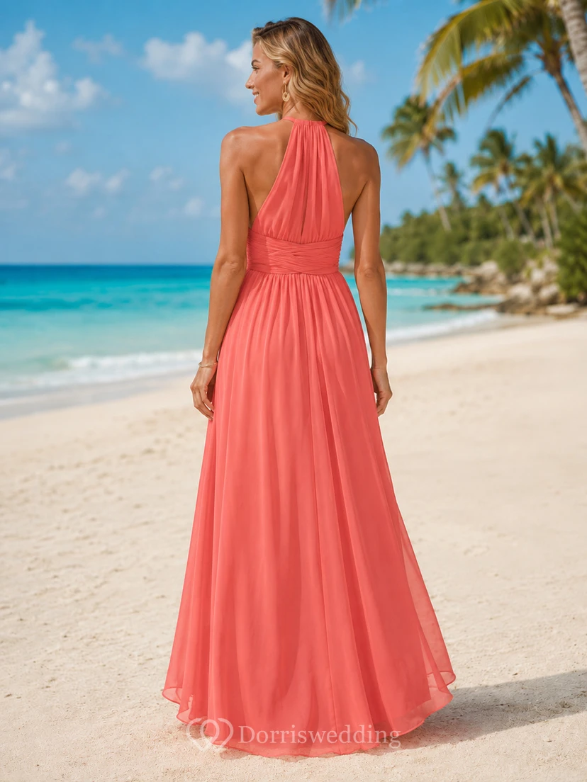 Korallenfarbenes, tropisches Strandhochzeitsgastkleid, A-Linie, Chiffon, Neckholder, ärmellos, bodenlang, Seitenschlitz view 2