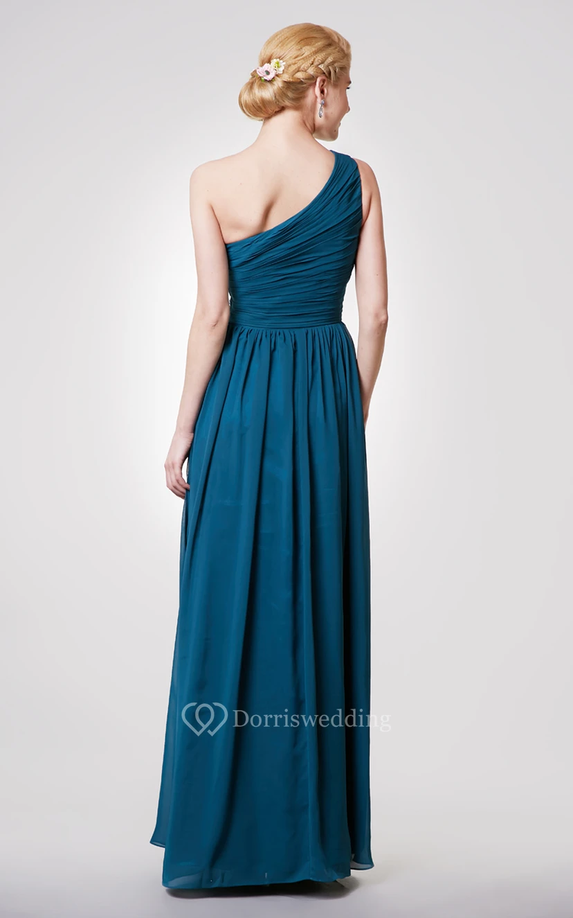 Unique One Shoulder A-line Chiffon Long Dress With Ruching view 2