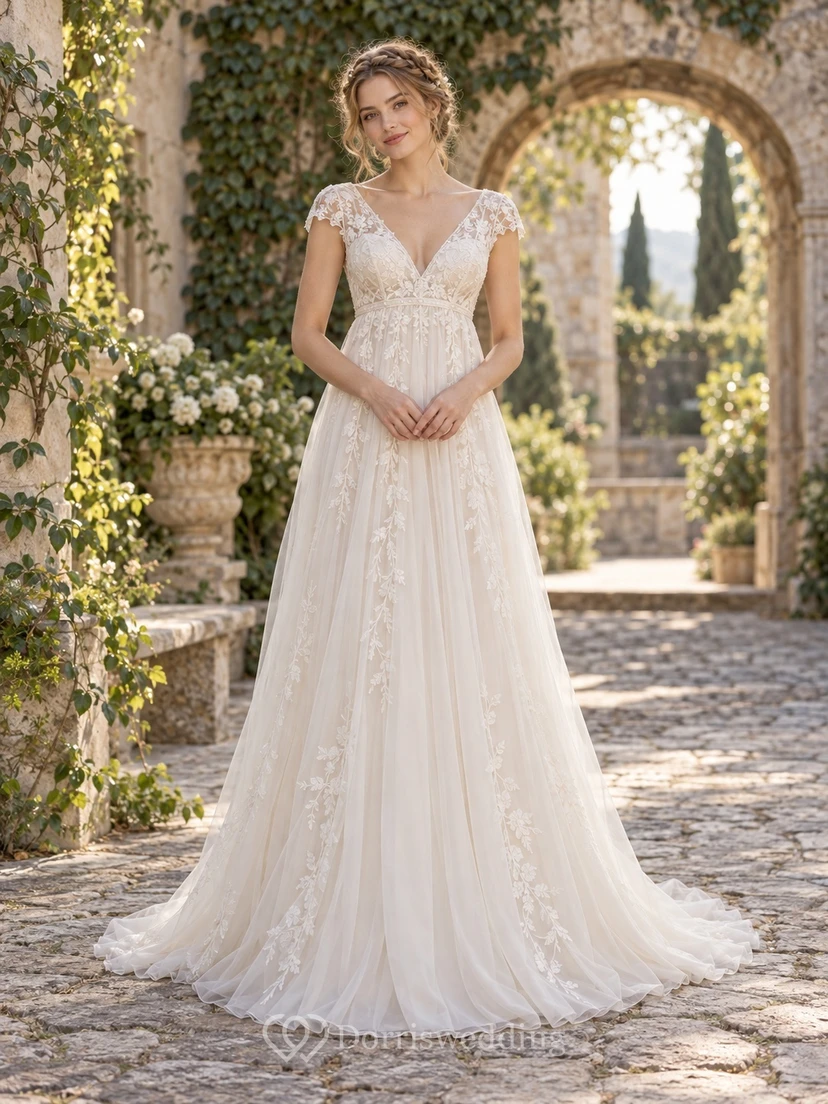 Empire V-neck Cap Sleeve Floral Tulle Train Wedding Dress