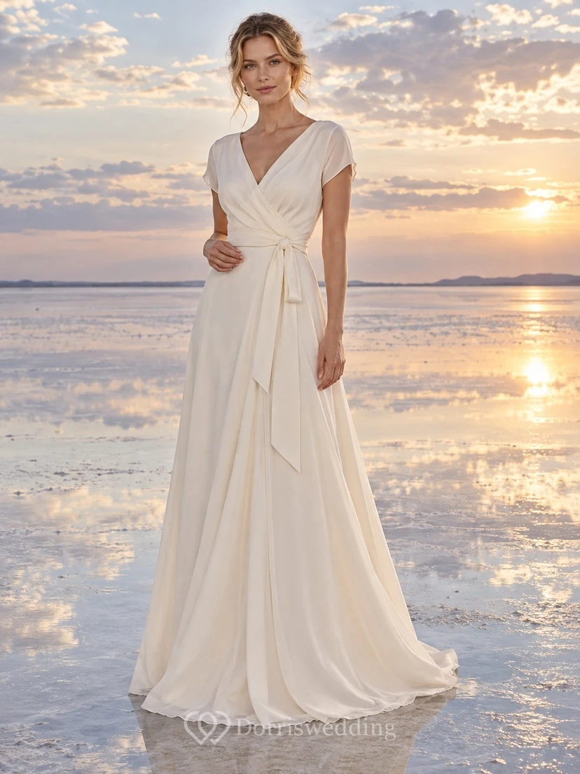 Einfaches Brautkleid aus Chiffon mit V-Ausschnitt, kurzen Ärmeln und Wickeloberteil in A-Linie