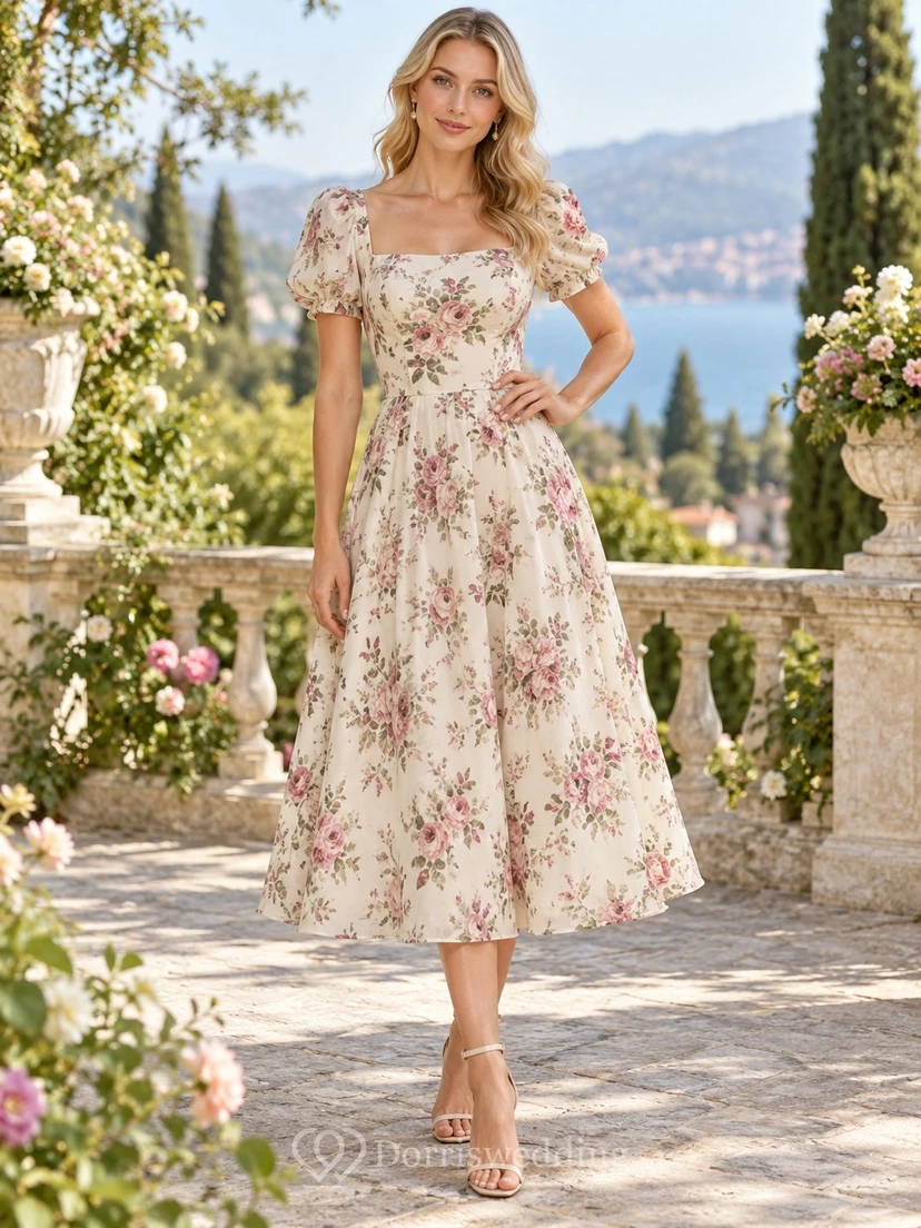 Vestido de invitada de boda vintage de largo midi, largo hasta la rodilla, con cuello cuadrado, estampado floral color marfil y mangas abullonadas.