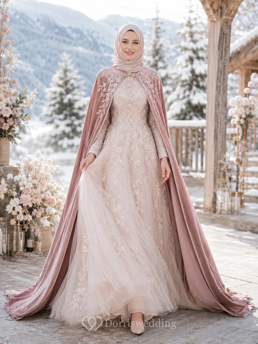 Vestido de novia de invierno musulmán de terciopelo rosa con capa y corte en A para la nieve
