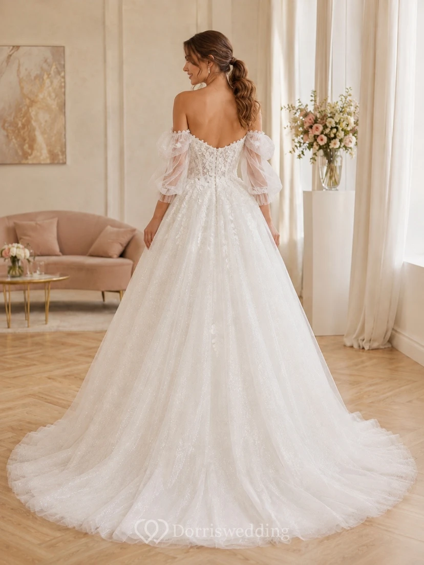 Vestido de novia romántico de manga larga con escote Bardot y cola catedral de tul view 2