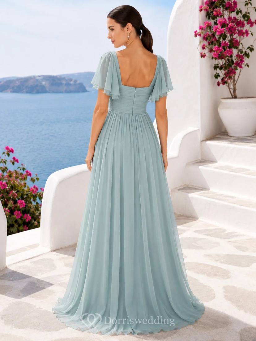 Robe de mariée trapèze en mousseline sauge, col carré, manches papillon view 2