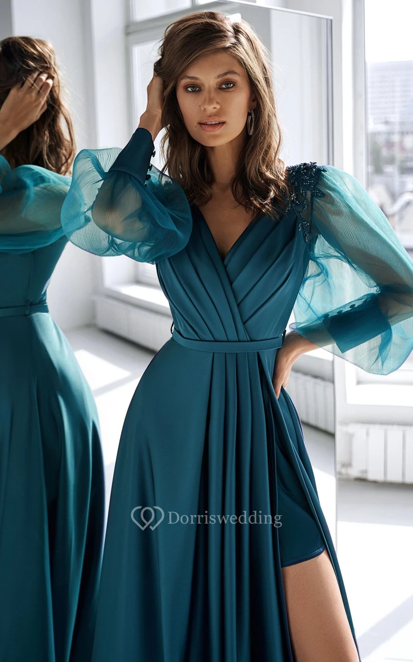 Casual V-neck A Line Satin Floor-length Prom Dress with Ruching and Split Front view 3