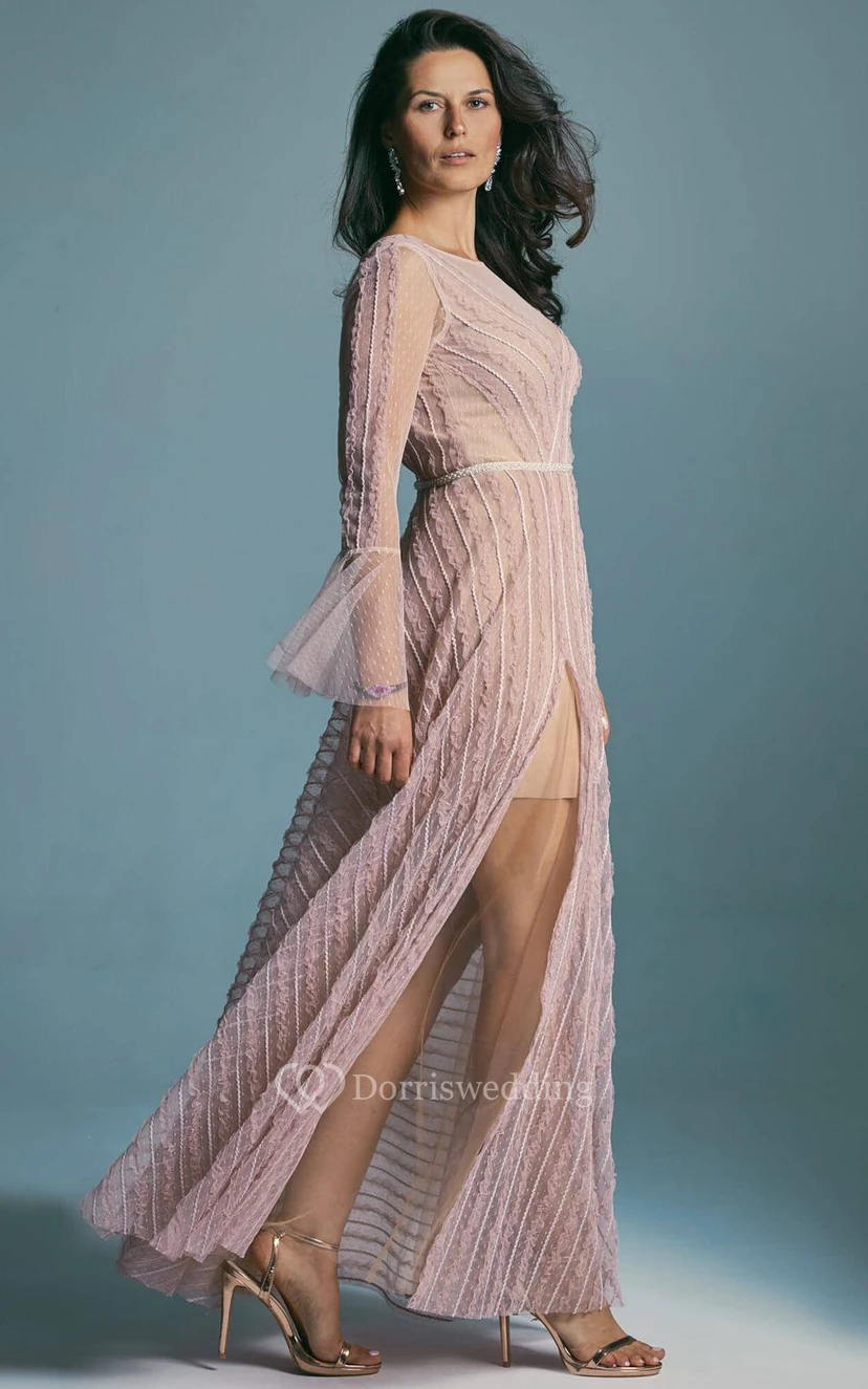 Blush Illusion Long Sleeve Tulle Front Split Bateau-neck Backless Wedding Dress view 3