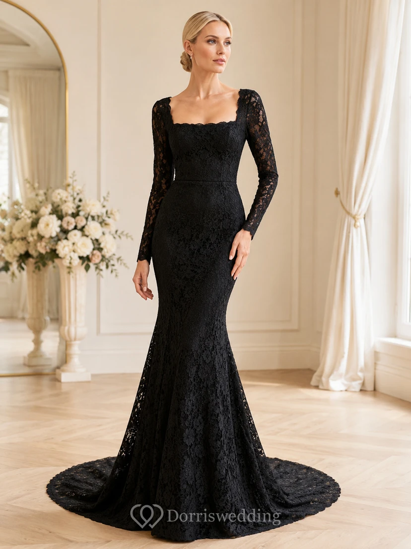 Elegant Black Square Neck Long Sleeve Lace Mermaid Low V Back Wedding Dress