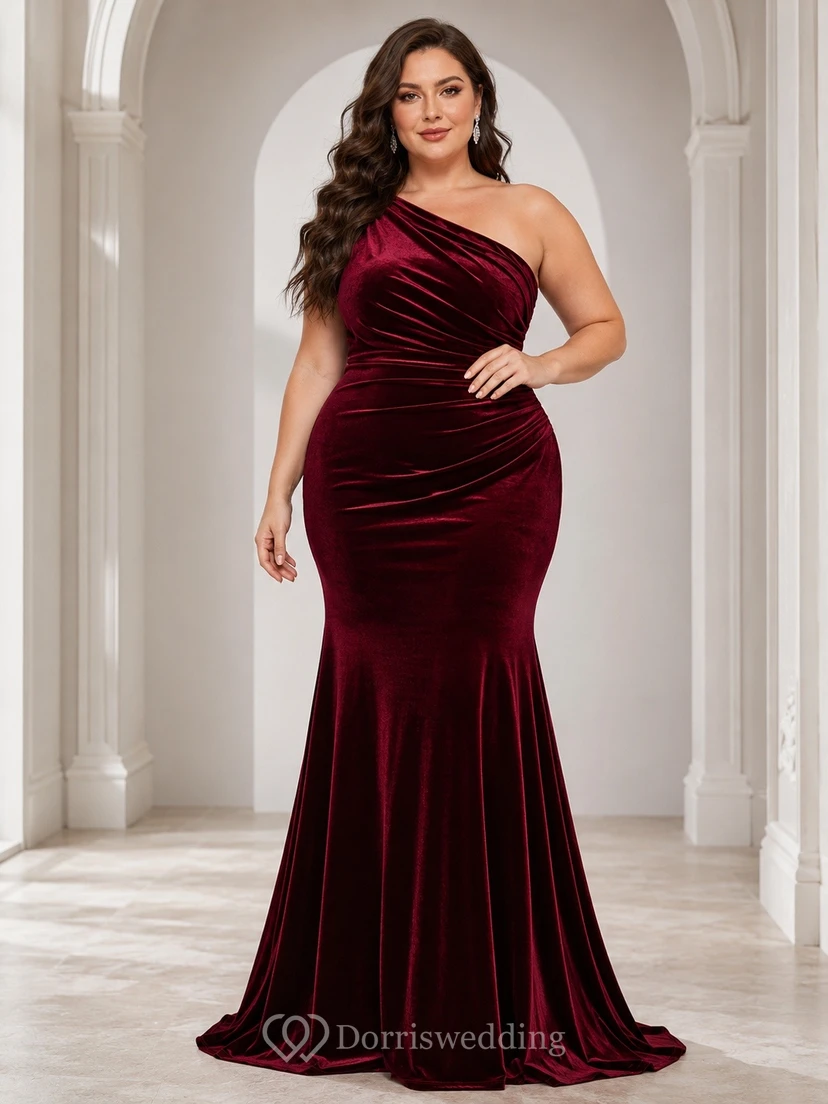 Vestido de noche formal de terciopelo burdeos con un solo hombro, corte sirena, talla grande