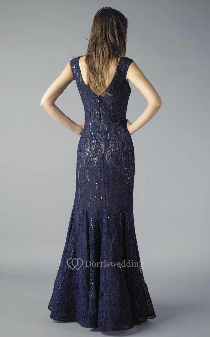 Mermaid Floor-length Bateau Short Sleeve Lace Low-V Back Dress view 2