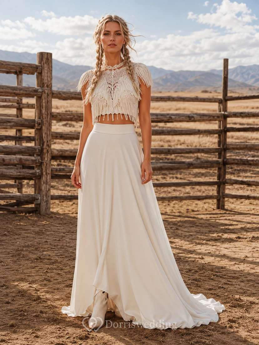 Robe trapèze western à franges et col montant deux pièces