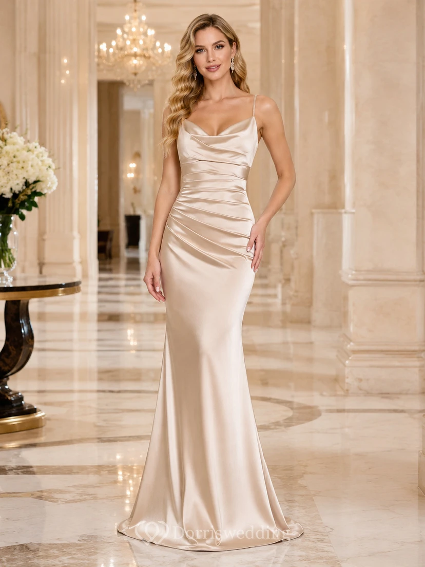 Champagne Cowl Spaghetti Satin Mermaid Sweep Train Evening Gown Reception
