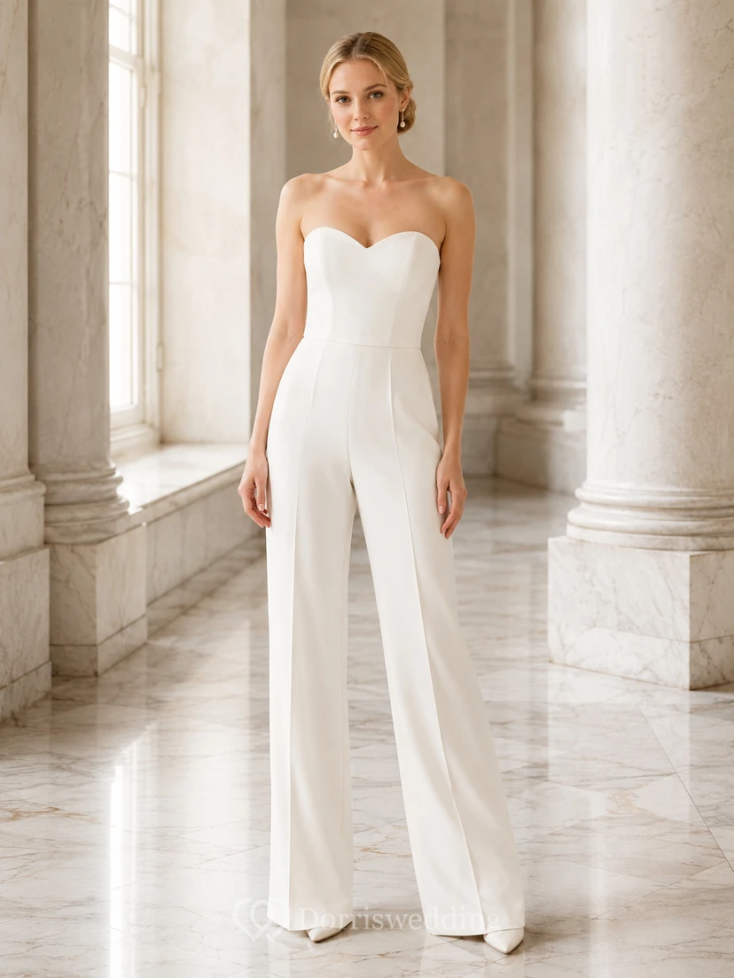 Combinaison de mariée minimaliste en satin, bustier cœur, longueur au sol