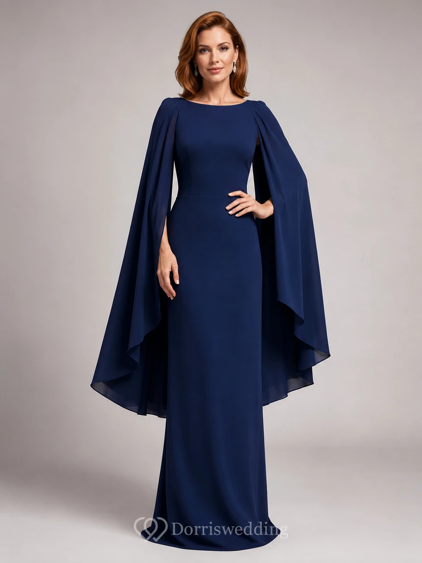 Dunkelblaues Säulenkleid mit Rundhalsausschnitt und Capeärmeln