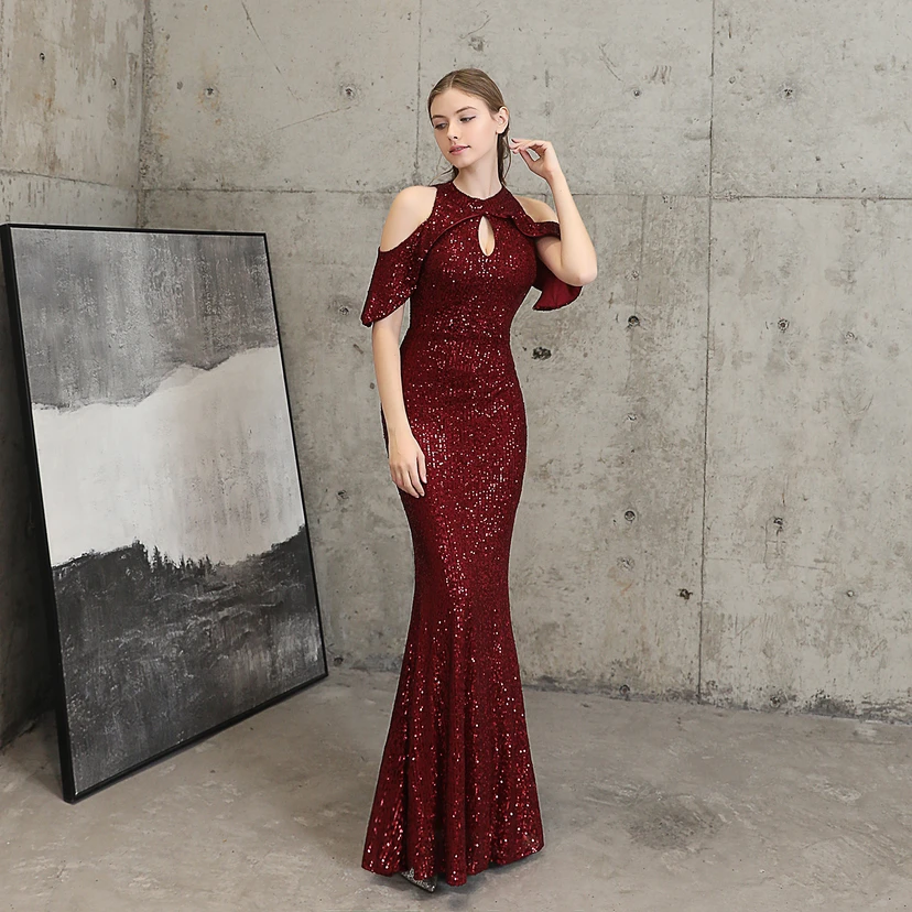 Banquet Temperament Elegant Long Short-Sleeved Sequin Aura Queen Fishtail Evening Dress view 10
