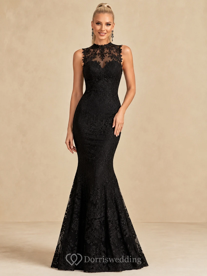 Vestido de noche formal de sirena, largo hasta el suelo, negro, sin mangas, con cuello alto y encaje ilusión