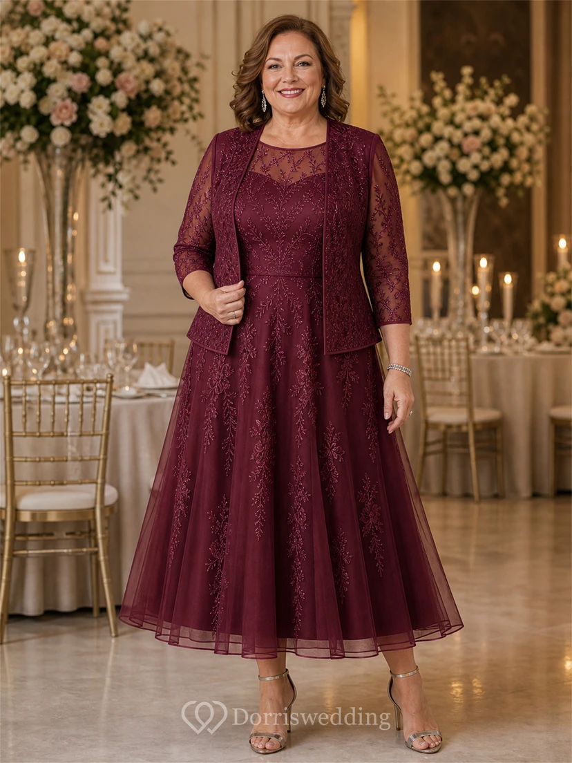 Sage Green Lace Applique Tea-Length Mother of the Bride Dress with Jacket view 9
