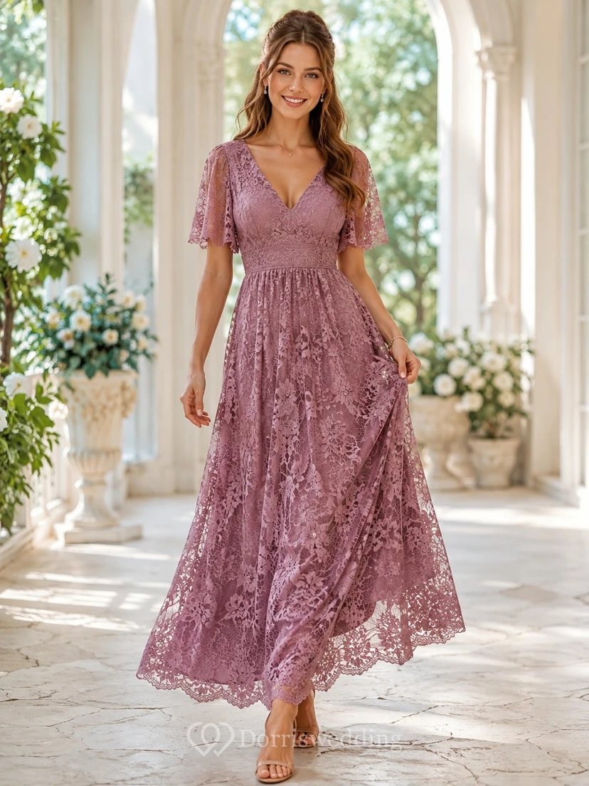 Vintage Mauve Romantic Elegant V-Neck Short-Sleeve Lace Draped A-Line Floor-Length Formal Dress