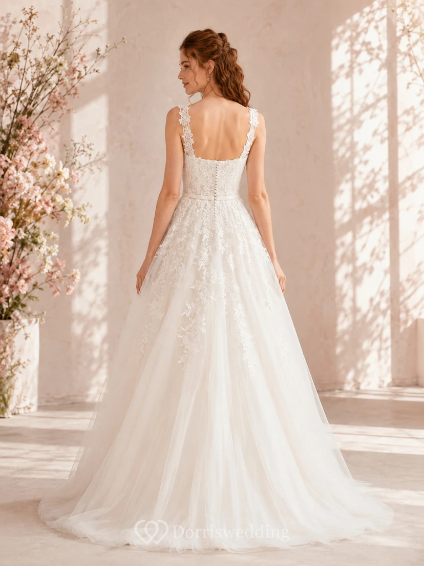 Romantisches Brautkleid in A-Linie aus Tüll, bodenlang, mit Spitzenträgern view 2