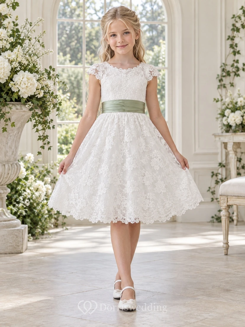 Vestido de niña de flores vintage blanco con estampado floral, corte en A, mangas cortas de encaje y fajín color salvia, hasta la rodilla.