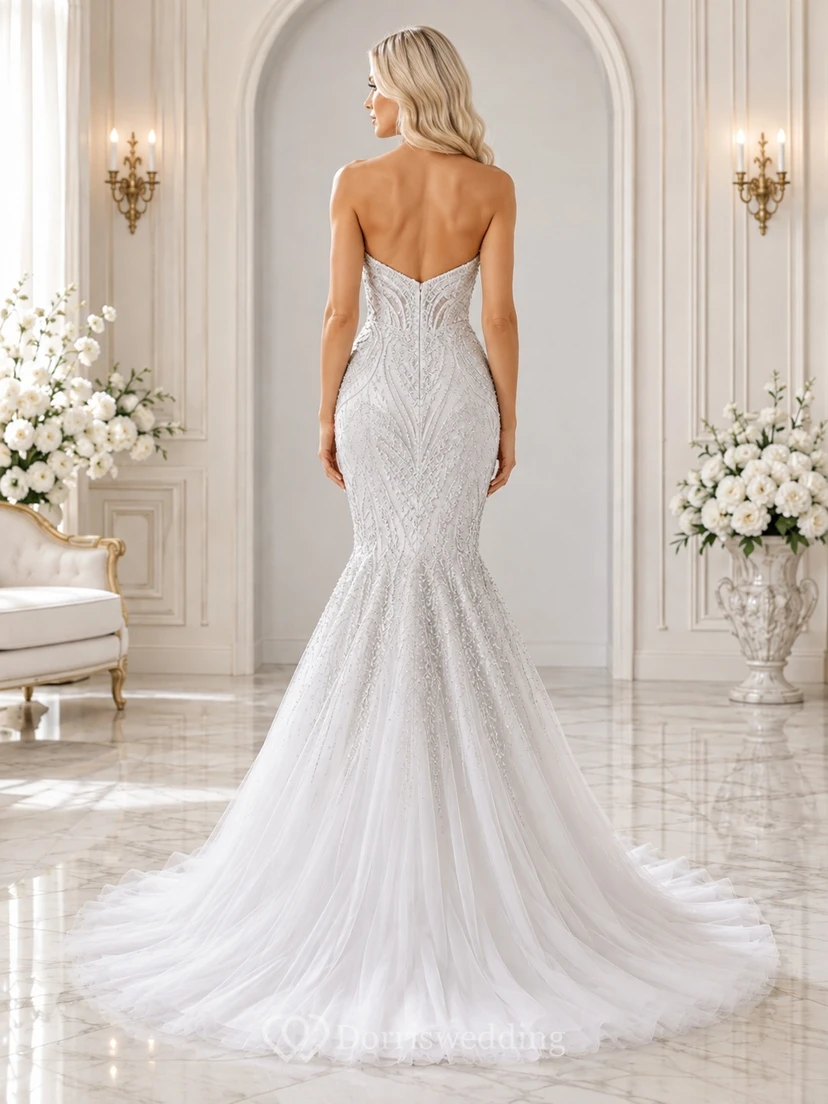 Silbernes Meerjungfrauen-/Trompeten-Brautkleid mit Herzausschnitt, ärmellos, bodenlang, mit Schleppe, sexy Kleid view 2
