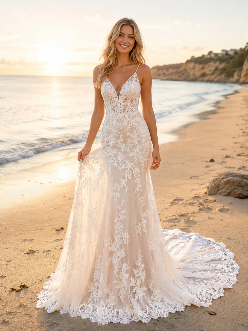 Boho-Brautkleid im Meerjungfrauen-Stil mit offenem Rücken und Spitze