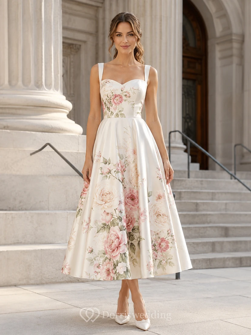 Painted Floral Satin Square Neck City Hall Midi Bridal Dress