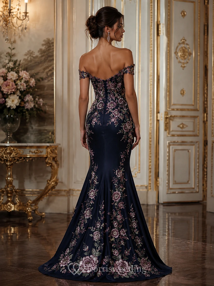 Robe de bal sirène en dentelle, épaules dénudées, sans manches et ornée de broderies florales, longueur au sol view 2