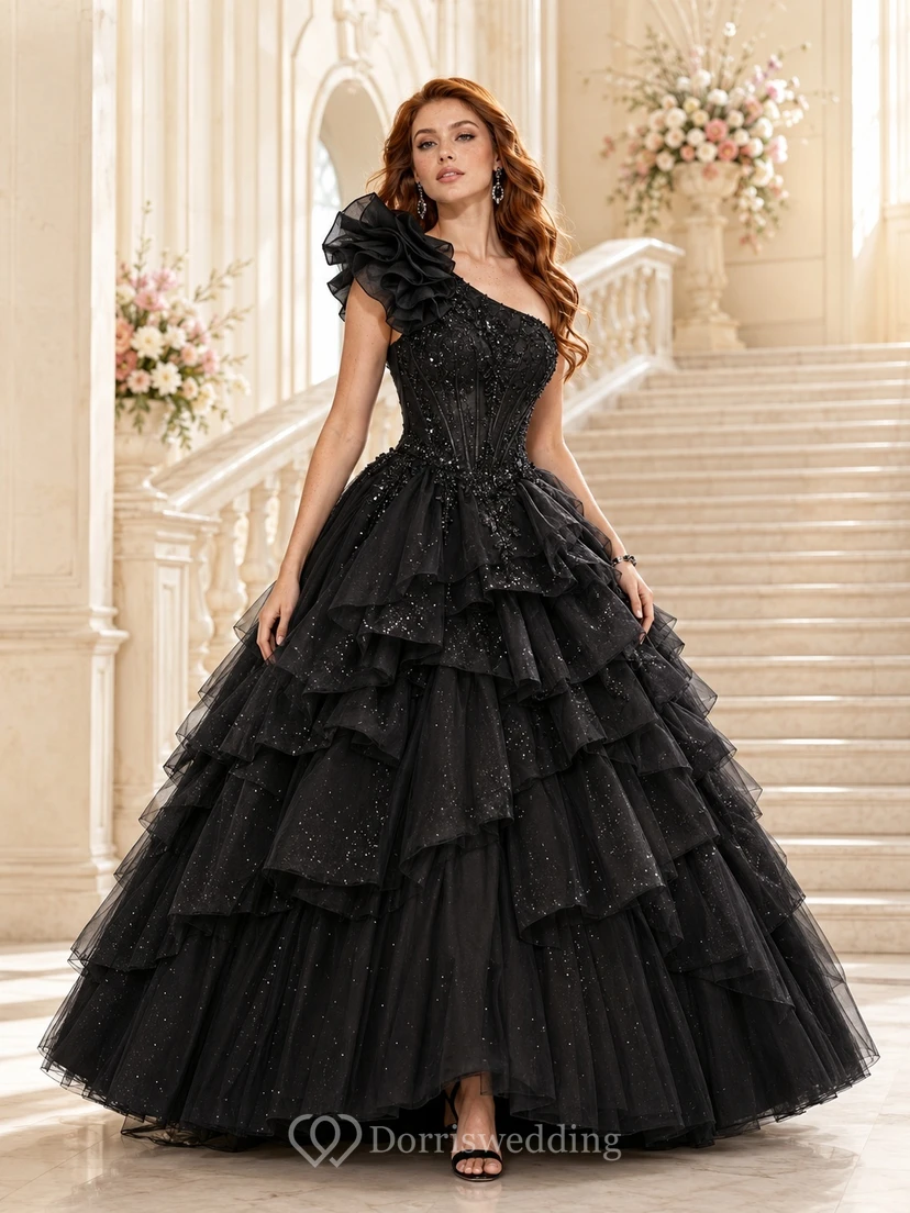 Black Ruffled Sequined One-Shoulder Ball-Gown Floor-Length Tulle Dramatic Quinceanera Gown