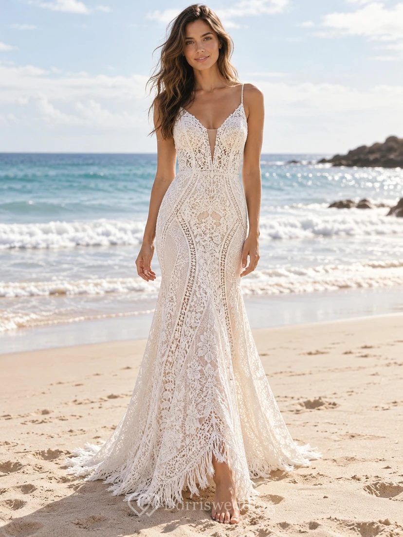 Boho Spaghetti Strap V-Neck Geometric Lace Fringe Wedding Dress