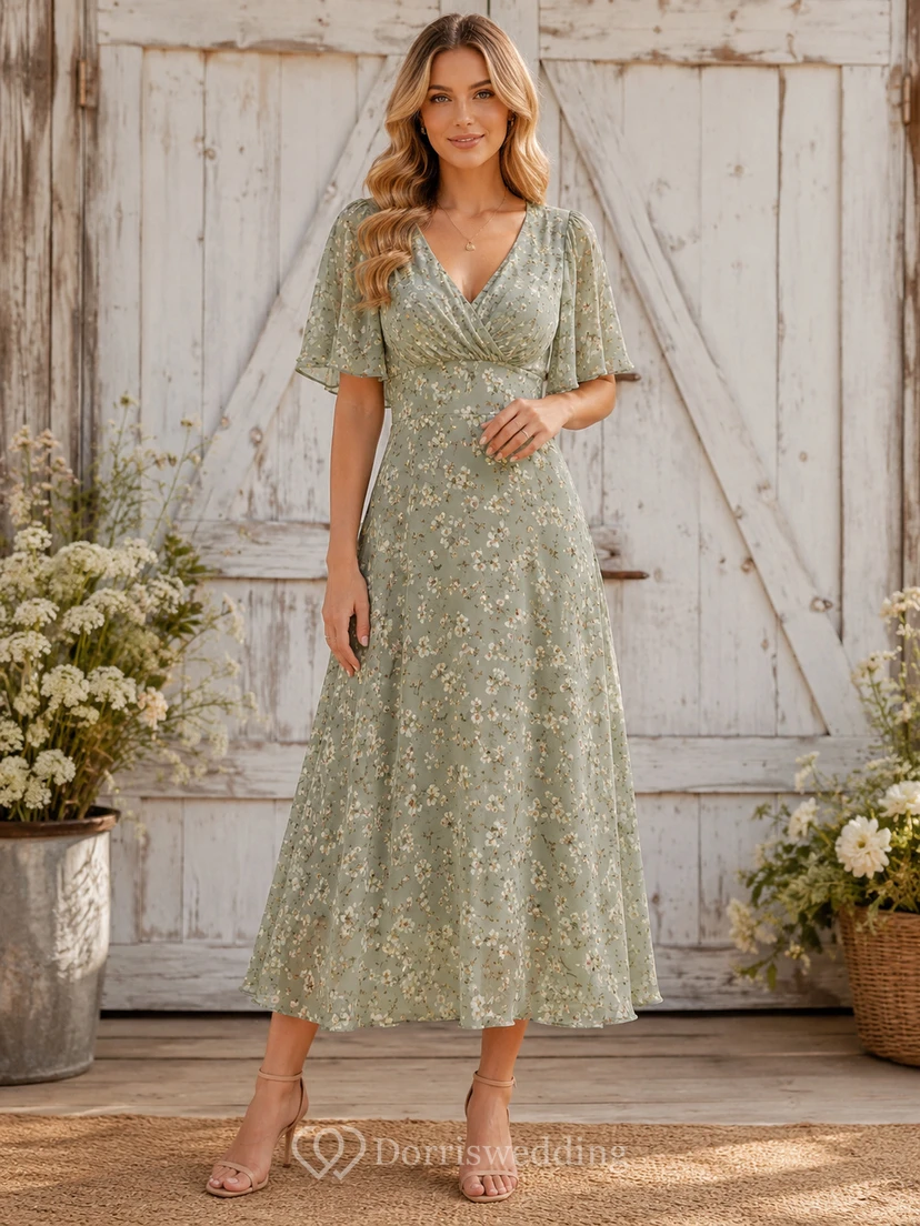 Farmhouse Sage Lace V-Neck A-Line Tea-Length Short Sleeve Guest Dress
