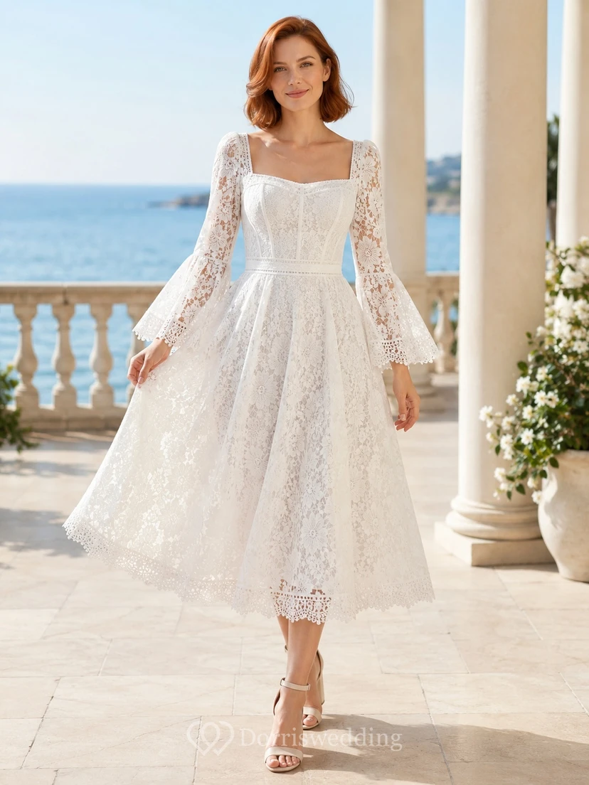 Brautkleid mit quadratischem, langen Ärmeln, Spitze, A-Linie, Teelänge, Muschelsaum, schlicht und elegant