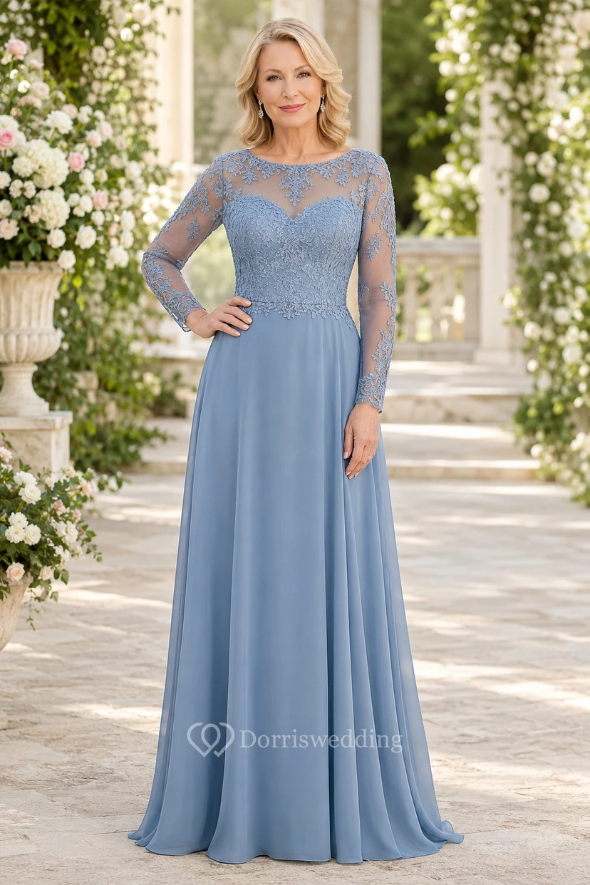 Stahlblaues Chiffon-Kleid in A-Linie mit Spitzenoberteil und langen Ärmeln