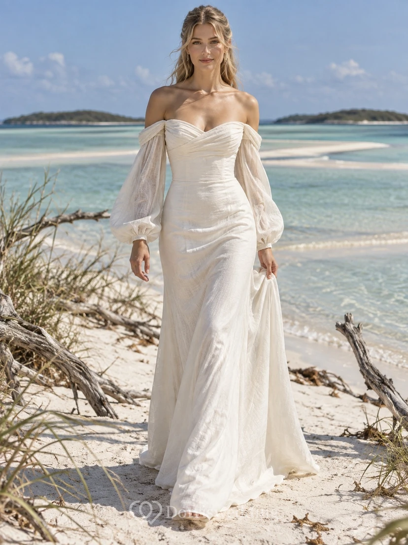 Off Shoulder Linen Wedding Dress with Long Poet Sleeves and Draped Sheath Bodice