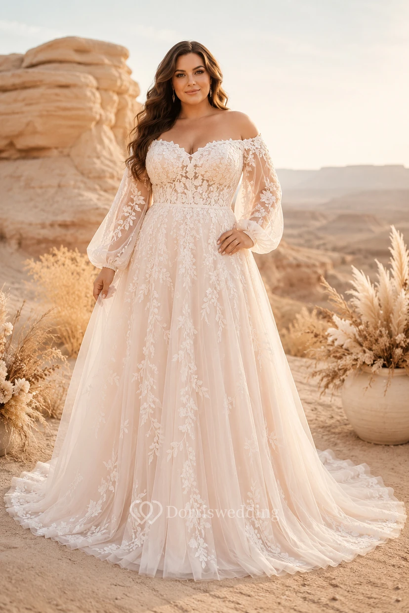 Plus Size schulterfreies A-Linien-Brautkleid aus Spitze mit Glockenärmeln