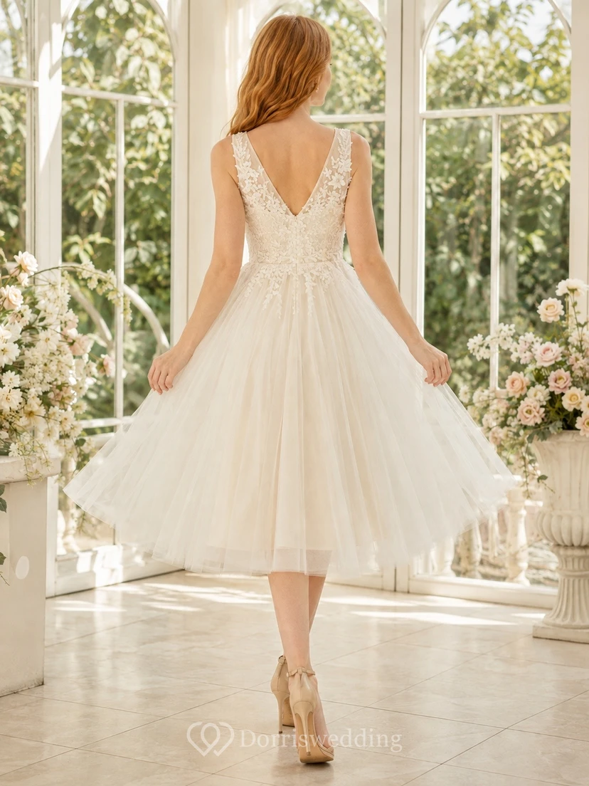 Ivory V-Neck Sleeveless Tulle Tea-Length Flowing A-Line Dress view 2