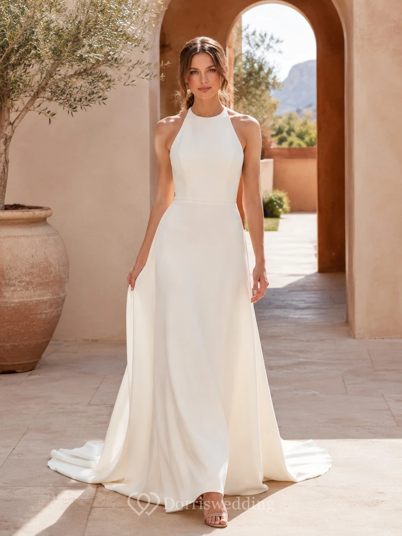 Robe de mariée trapèze dos nu à col montant pour escapade dans le désert