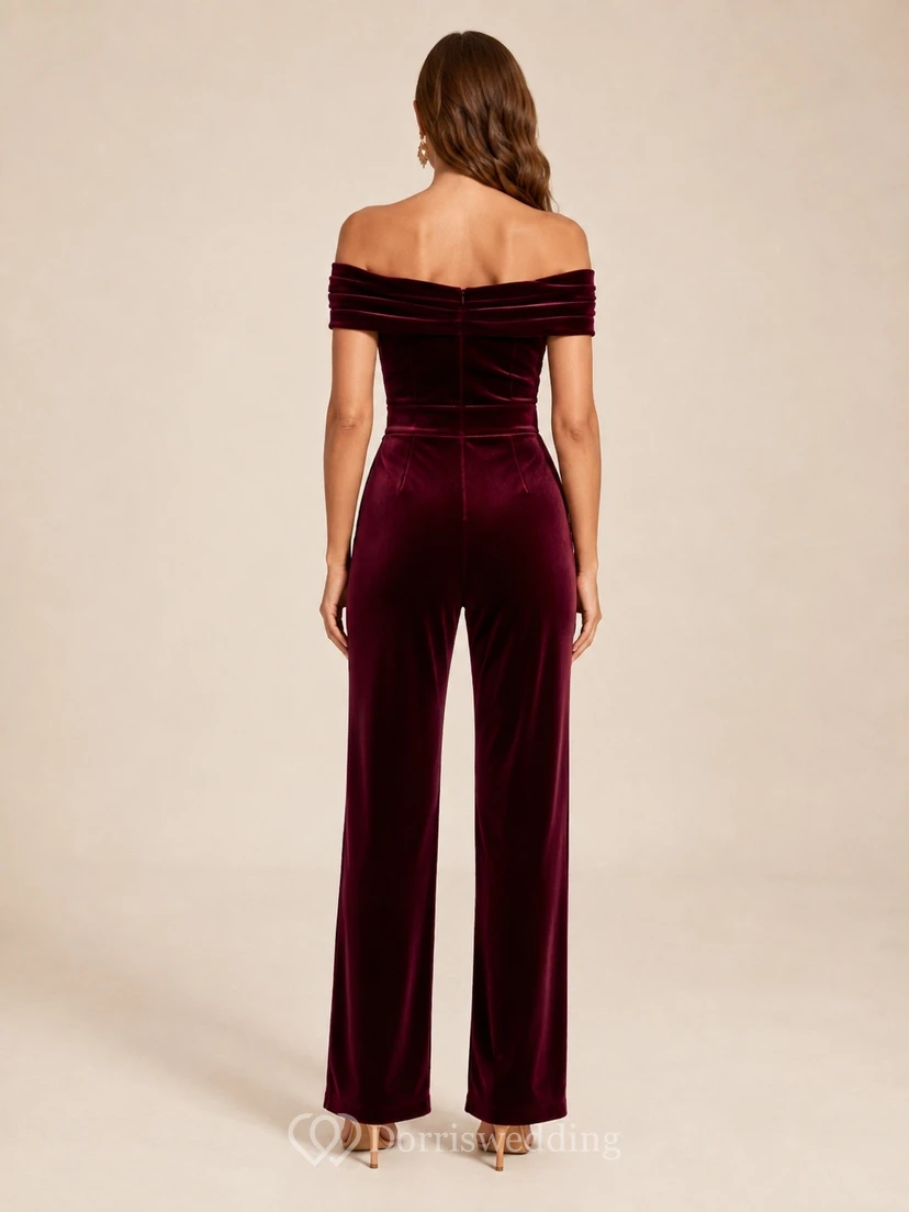 Burgundy Velvet Off-the-Shoulder Homecoming Jumpsuit with Fitted Waist Wide Legs and Elegant Evening Shape view 2