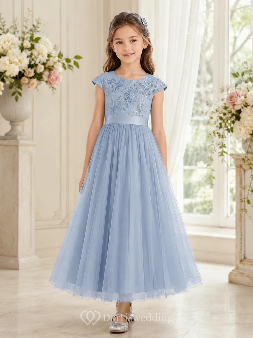Flower Girl Dress Sky Blue Lace Tulle A-Line Jewel Neck Tea Length