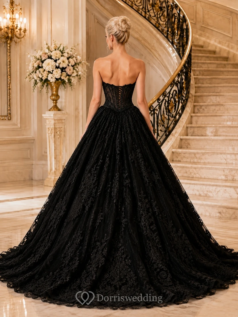 Black Lace Sweetheart Tulle Ball Gown Floor-length Evening Dress view 2