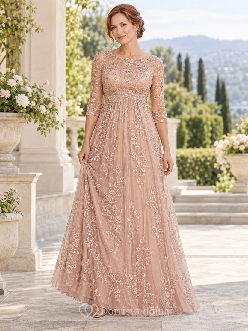Vestido de tul con encaje floral, corte imperio, largo hasta el suelo, escote barco, mangas tres cuartos, color oro rosa, ideal para la madre de la novia.