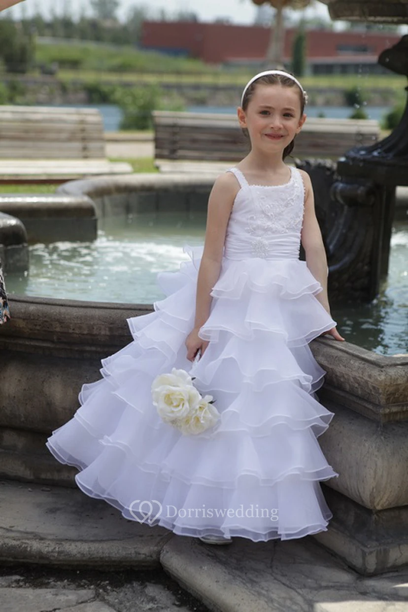 Flower Girl Asymmetric Straps A-line Long Dress With Layered Organza Skirt