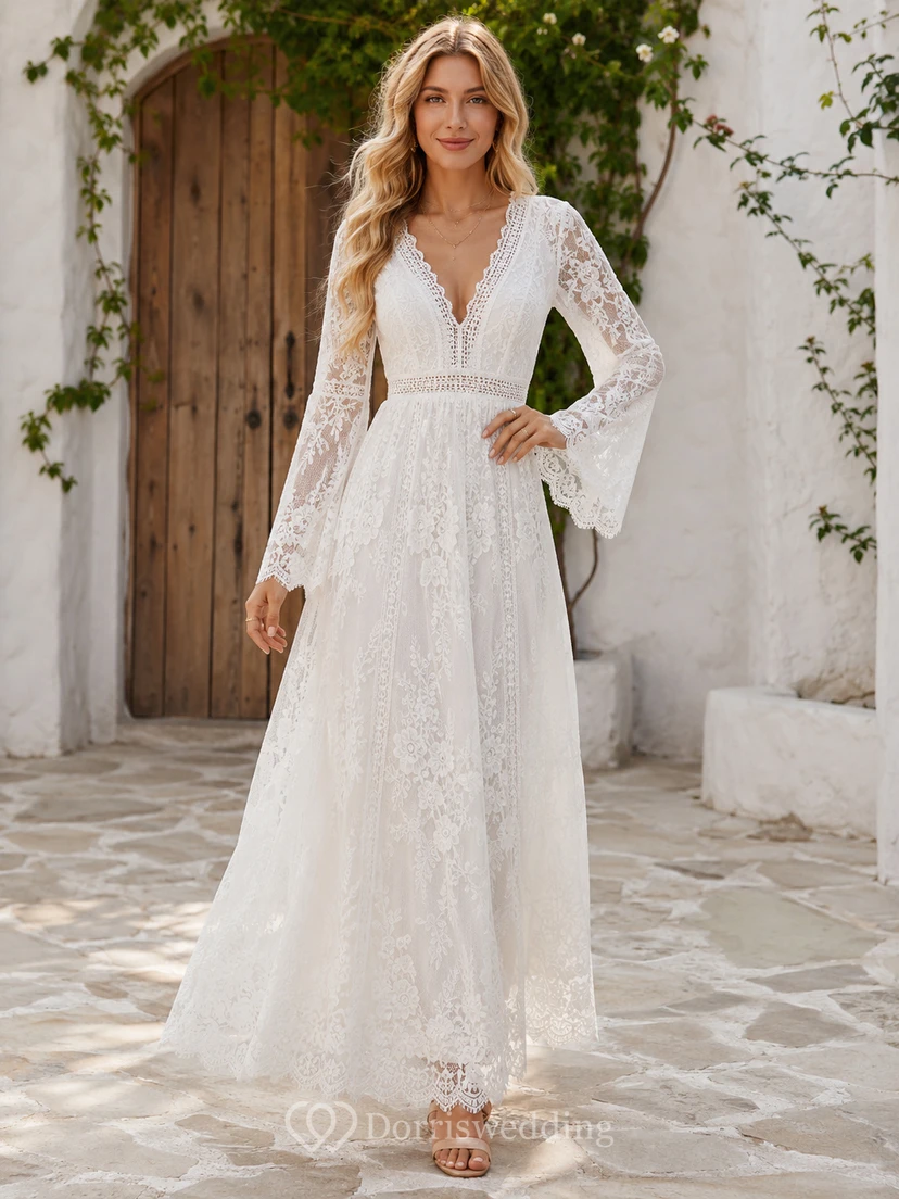 Robe de mariée en dentelle florale, coupe trapèze, longueur cheville, col en V, manches cloche longues, ourlet festonné, fermeture éclair au dos