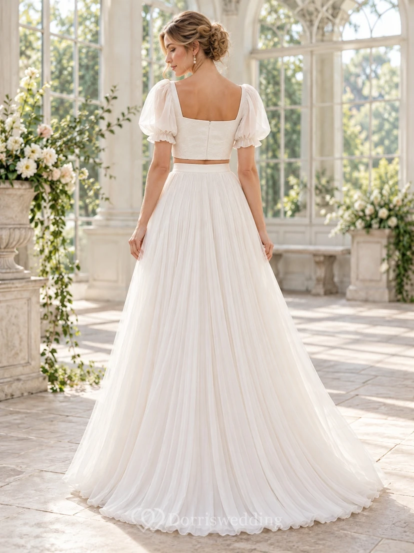 Two Piece Square Neck Sheer Puff Sleeve Chiffon Wedding Dress view 2