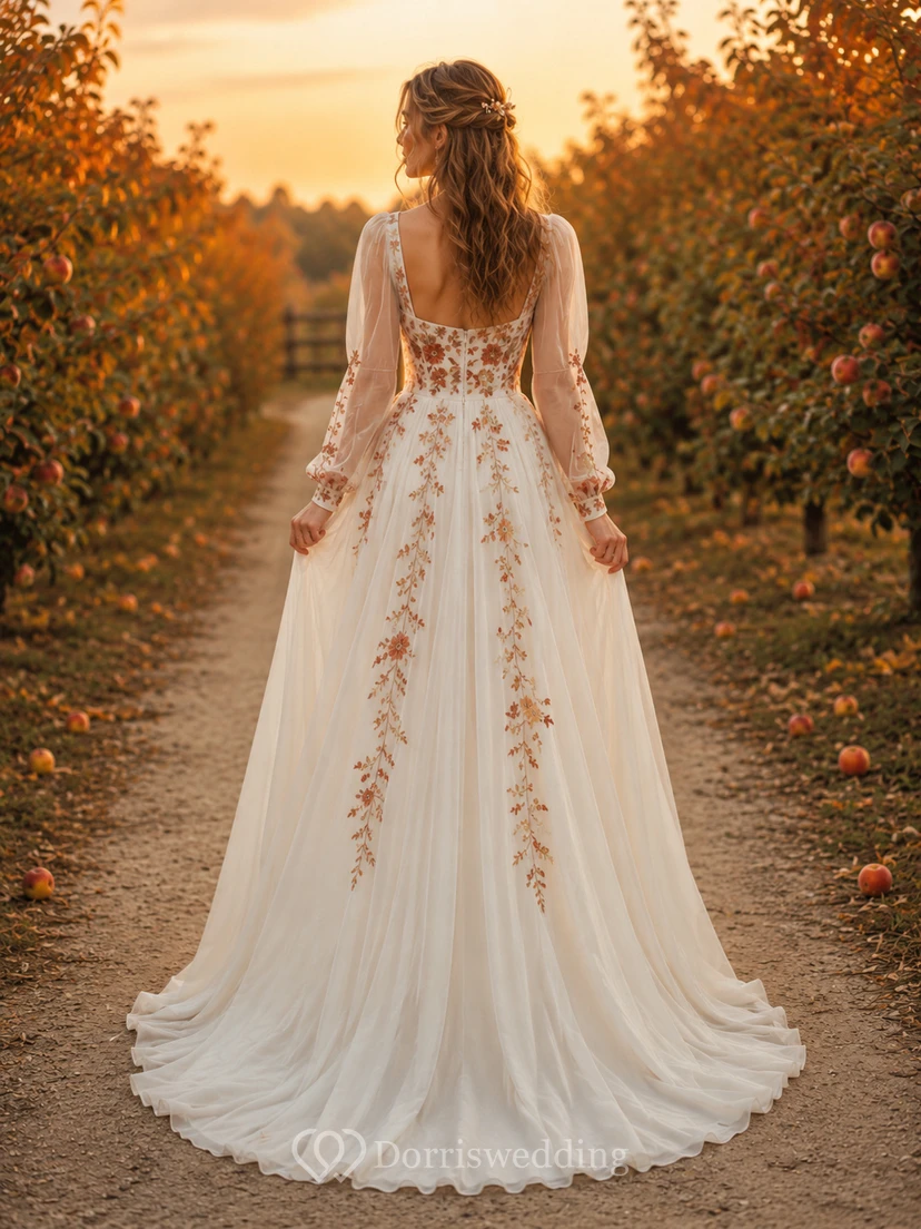 Autumn Burnt Orange Floral Tulle A-Line Wedding Dress view 2
