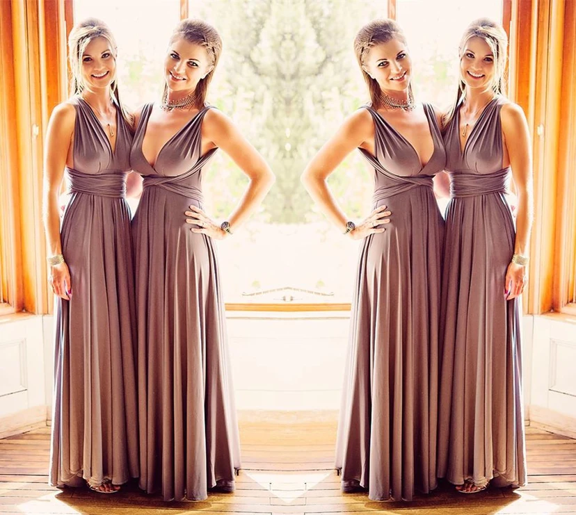 Elegant V-Neck Sleeveless Cinnamon Bridesmaid Dresses Long Chiffon Floor Length Ruched view 2
